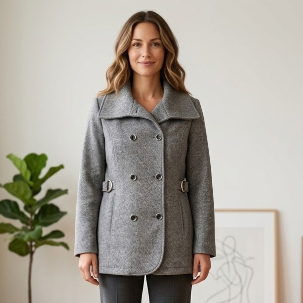 Details Intl Womens L Grey Herringbone Double Breasted Belted Pea Coat NWOT